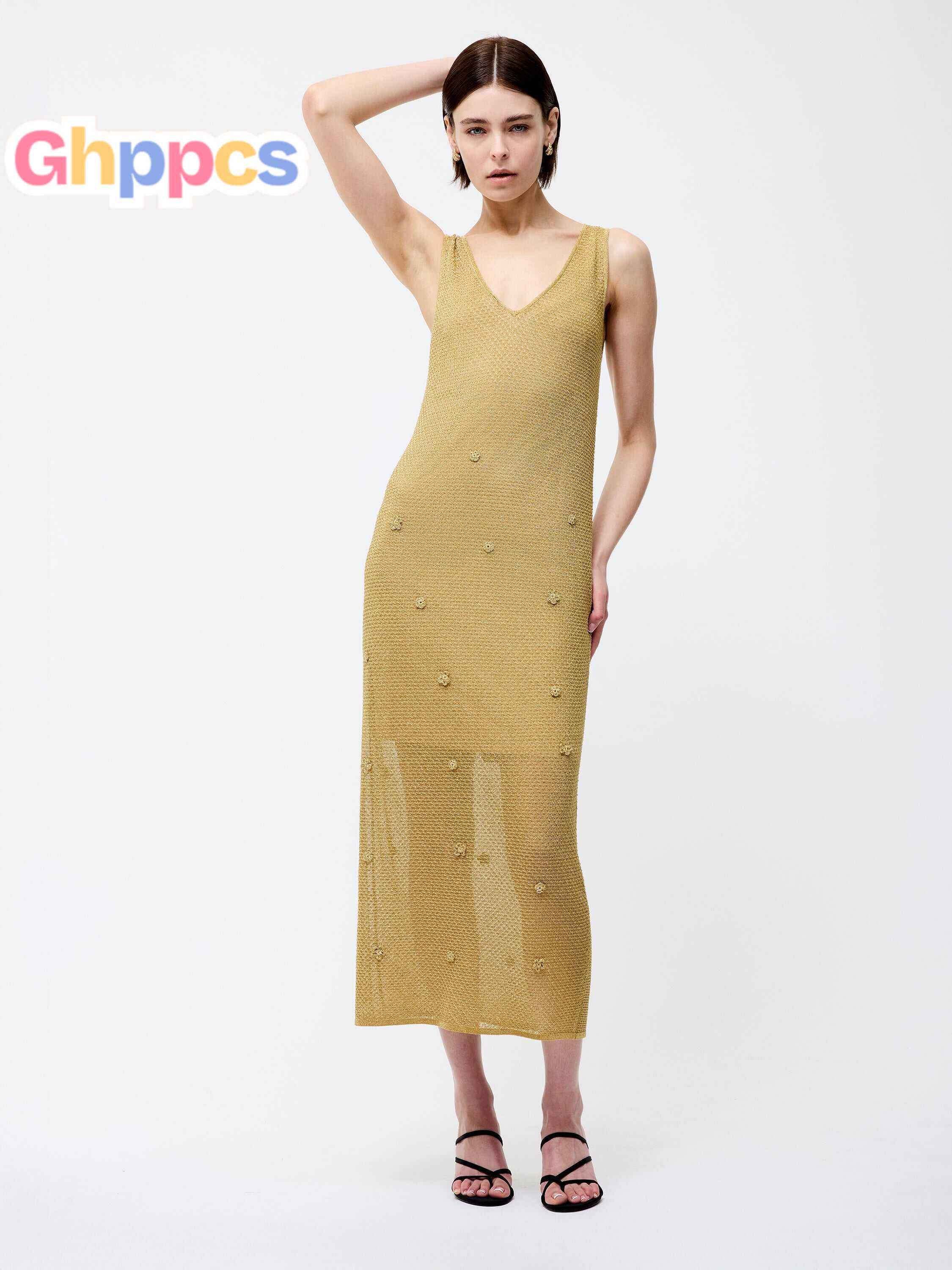 Floral Applique Metallic Midi Dress