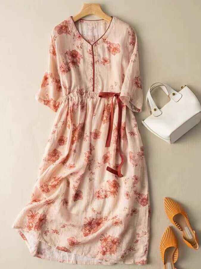 Vintage Printed Drasting Mid Length Dress