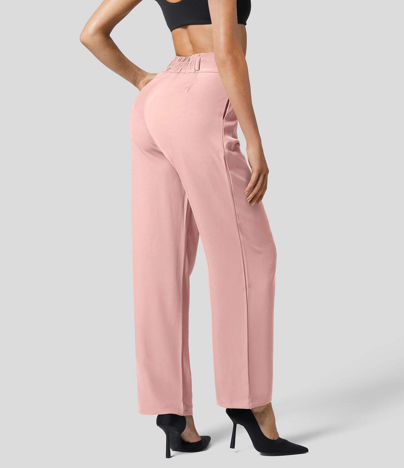 High Waisted Button Zipper Plicated Side Pocket Shirred Straight Leg Work Pants