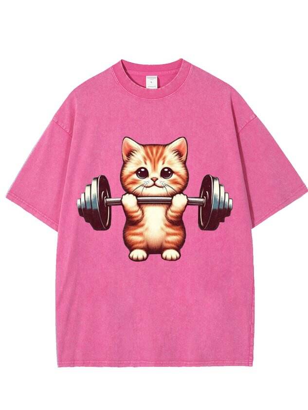 Funny and Cute Weightlifting Cat Print Washed T-Shirt 🐱💪