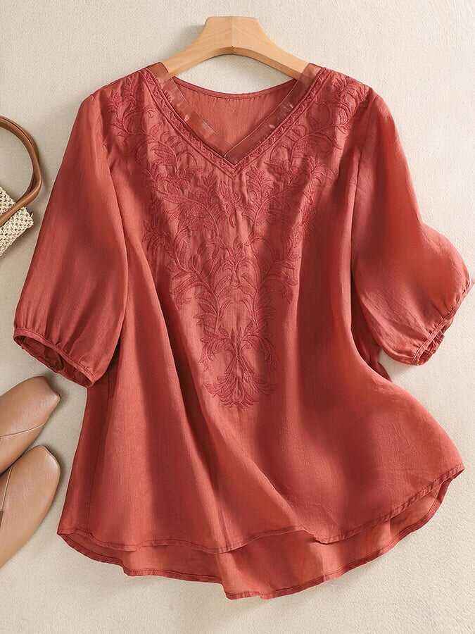 Mesh Embroidery V-Neck Loose Casual Shirt