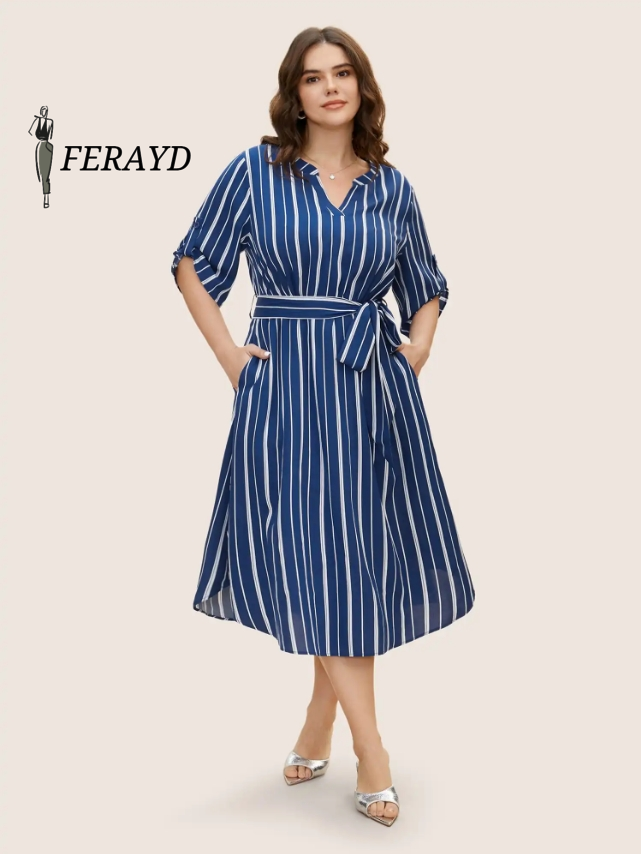 Notched Striped Button Cuff Sleeve Dress