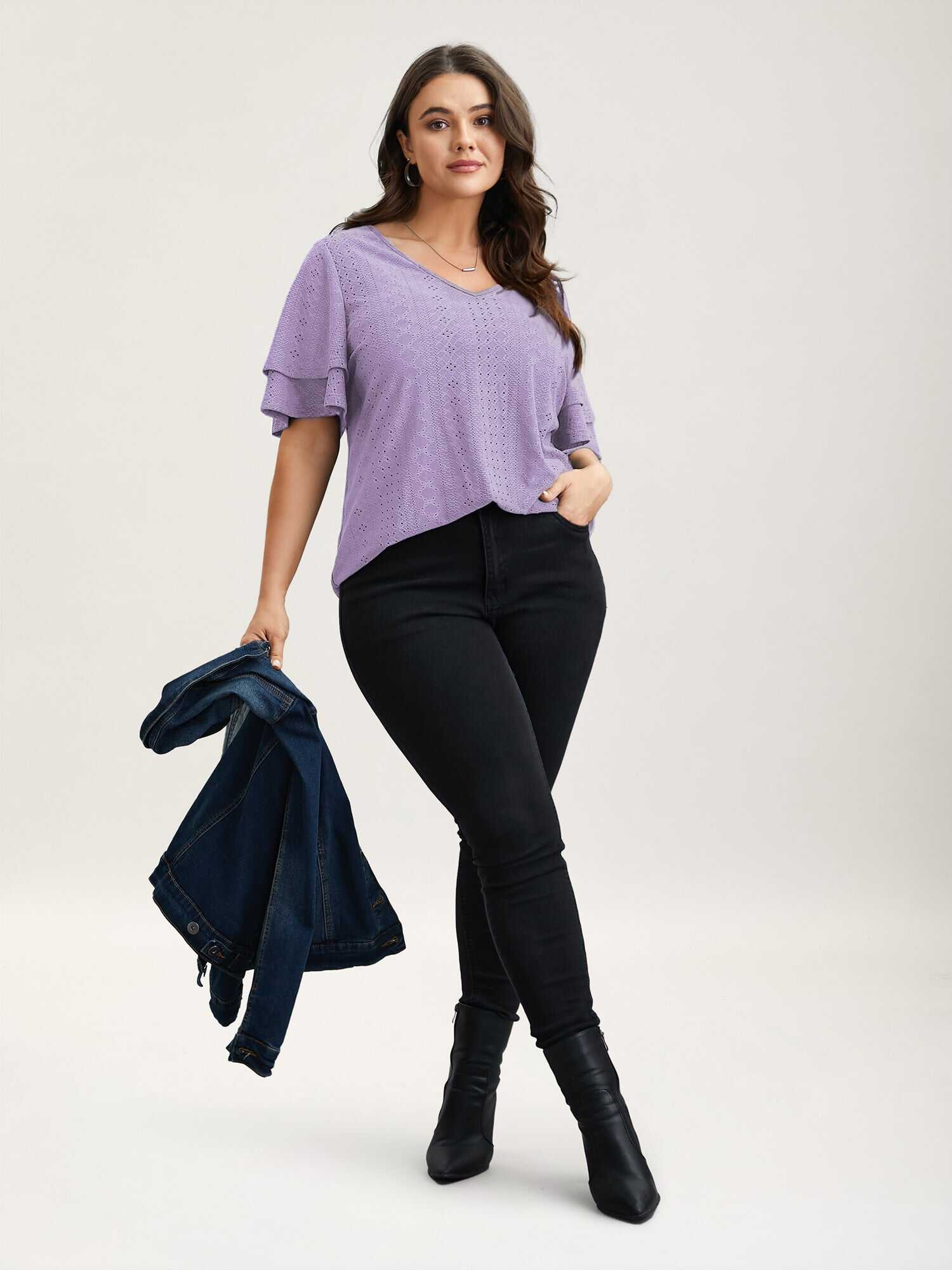 Jacquard Textured Lotus Leaf Sleeve Top
