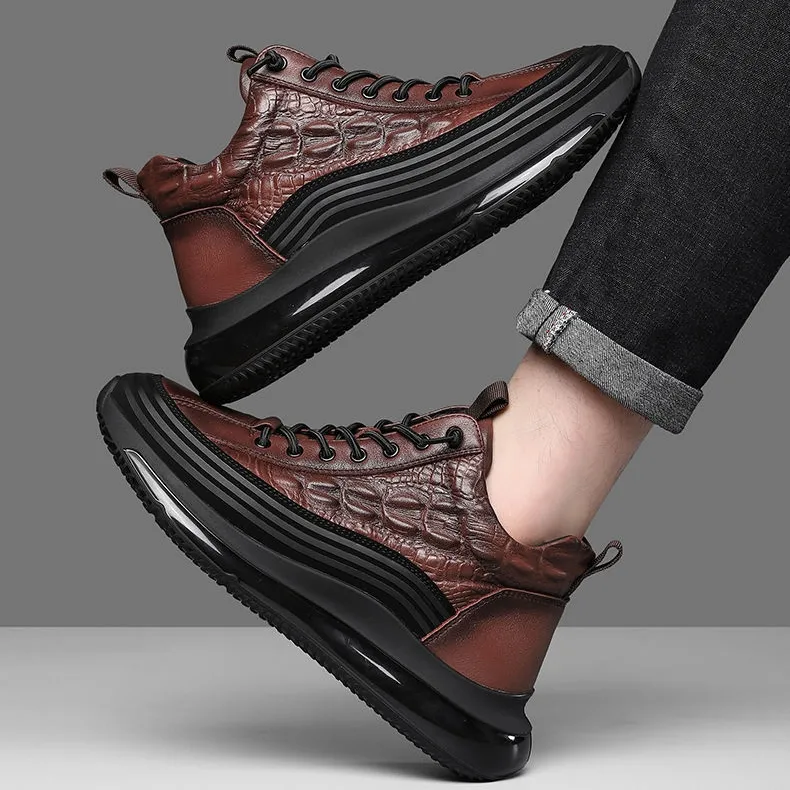 Men's Cowhide Crocodile Print Non-slip Arch Support Casual Sneakers