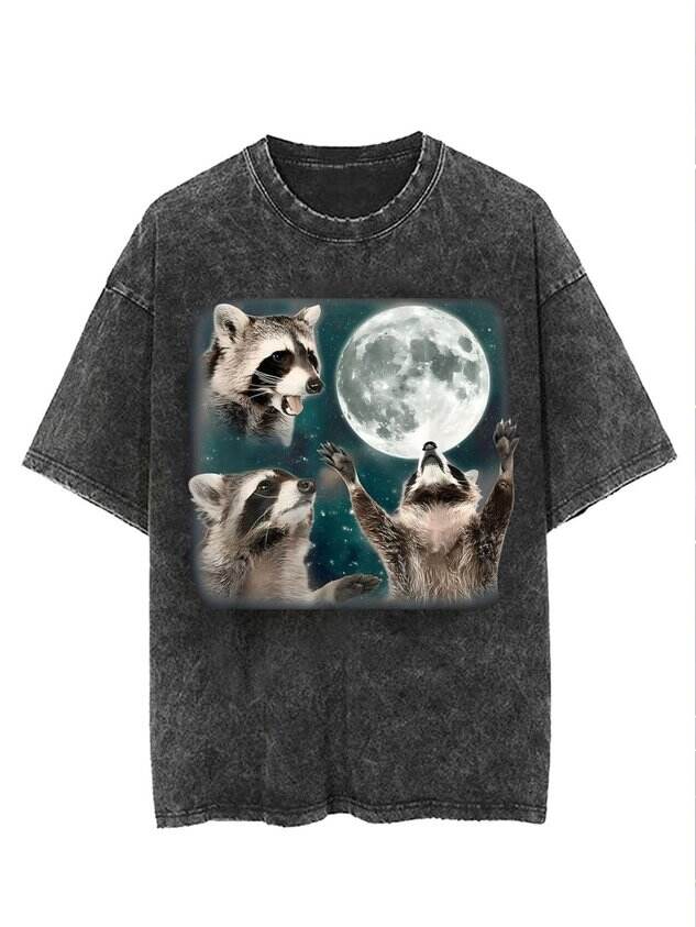 🦝Funny Raccoon Print Washed T-Shirt