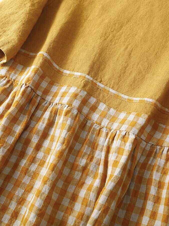 Cotton And Linen Plaid Retro High Waisted Slimming Dress