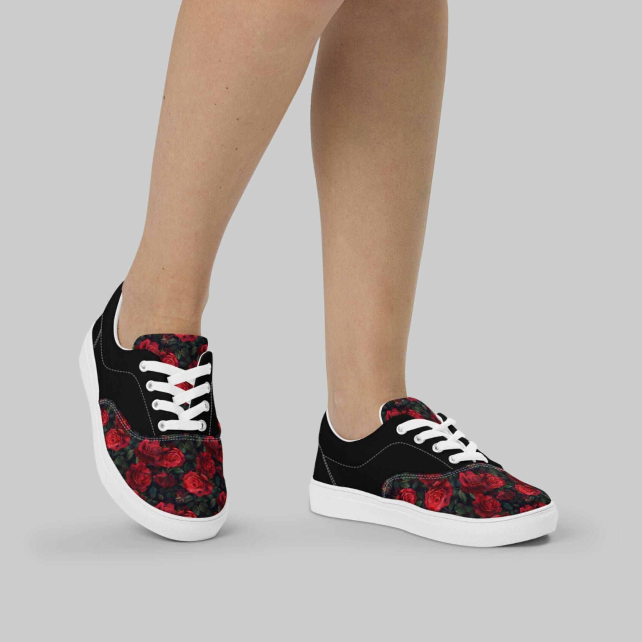 Black and Red Rose Lace-Up Canvas Shoes