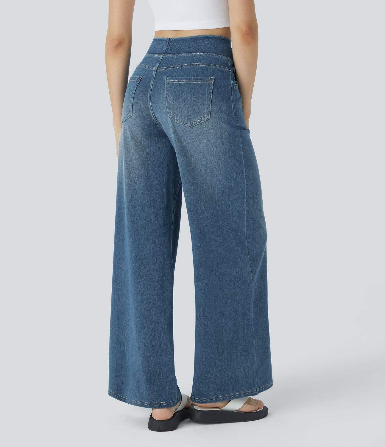 High Waisted Multiple Pockets Wide Leg Washed Stretchy Knit Casual Jeans