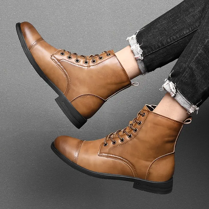 Italian Men's High-top Leather Boots Cap Toe Waterproof Wear-resistant Dress Boots Work Boots