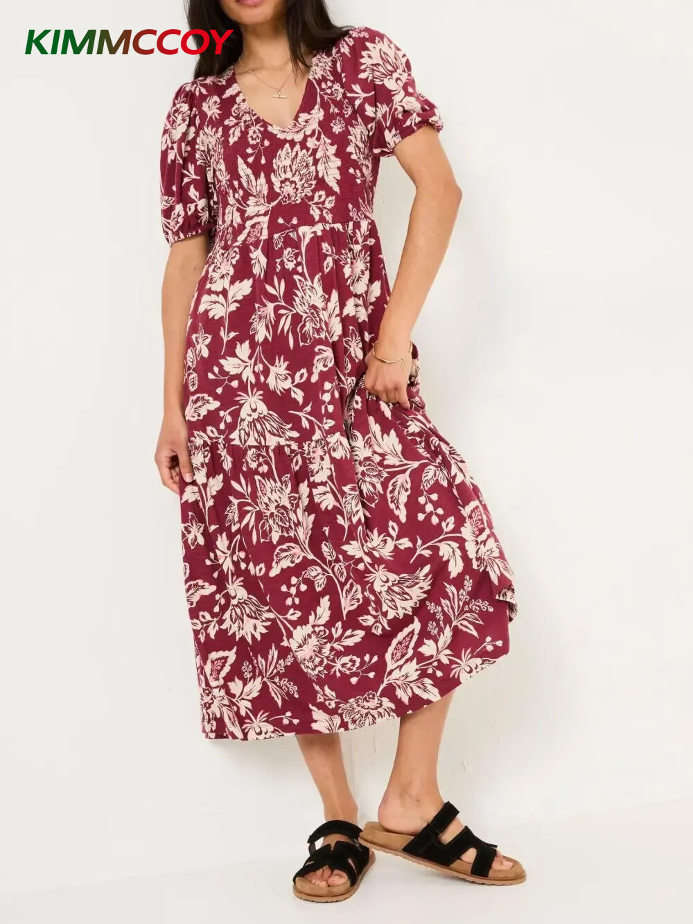 Burgundy Red Floral Short Sleeve Midi Dress