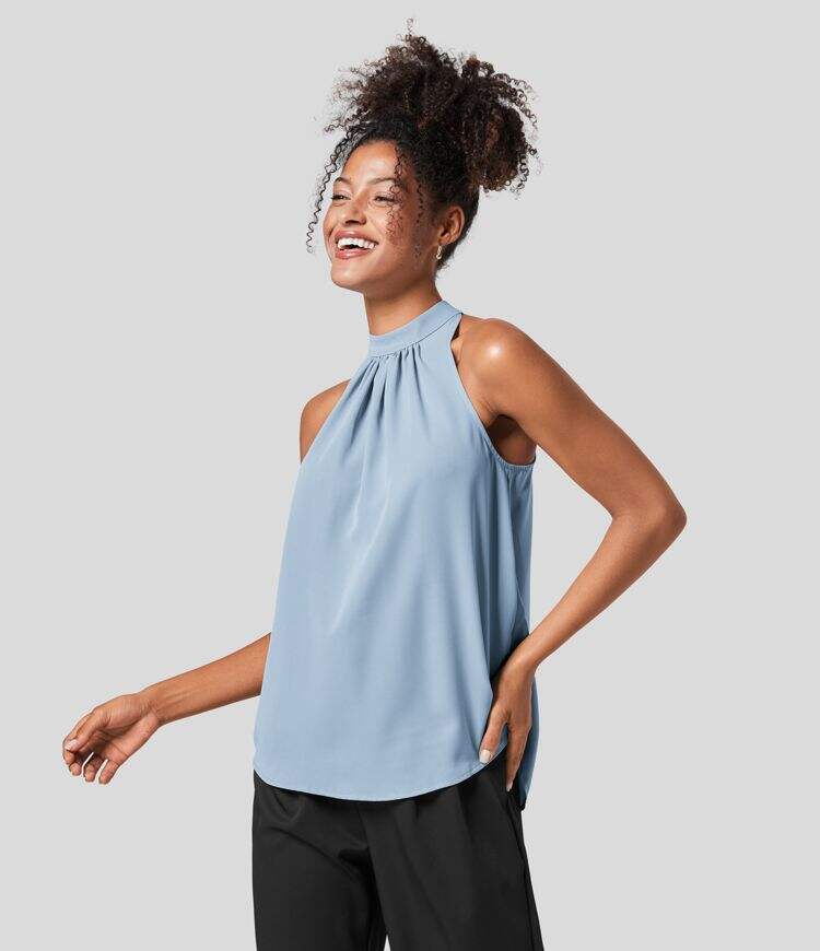 Keyhole Back Halter Plicated Sleeveless Curved Hem Work Blouse