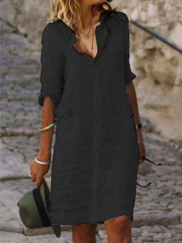 Lapel Buttoned Solid Color Cotton & linen Shirt Dress