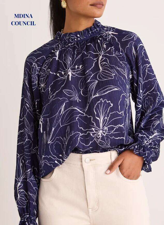 Together Blue Hibiscus LS Frill Neck Top