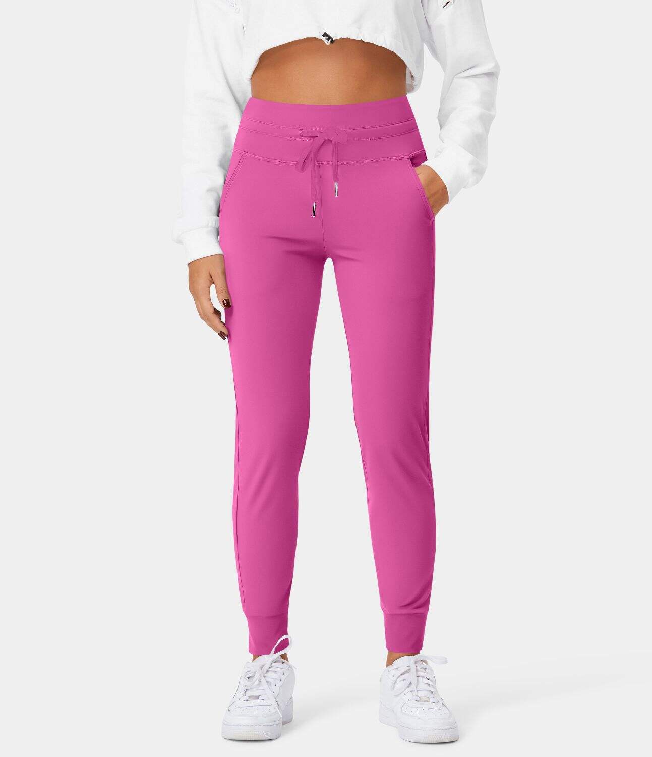 Airy High Waisted Drawstring Side Pocket Plain Cool Touch Full Length Joggers-UPF50+