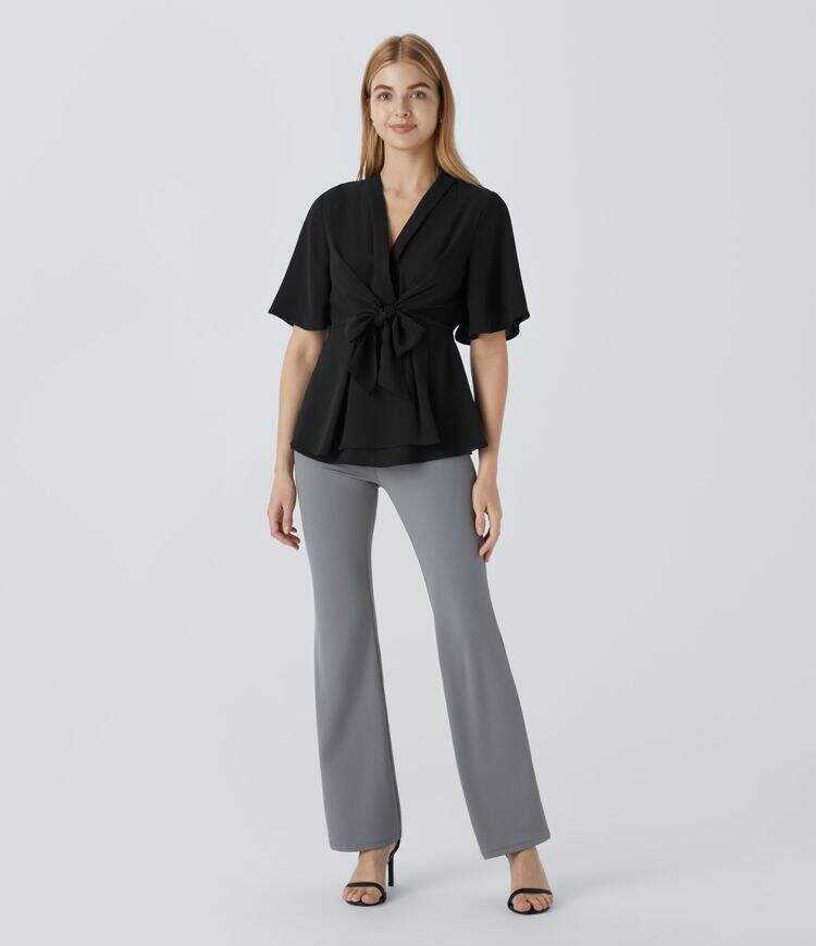 V Neck Short Sleeve Wrapped Tie Front Work Blouse