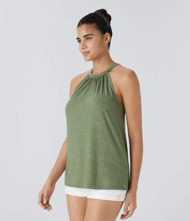 Round Neck Plicated Casual Tank Top