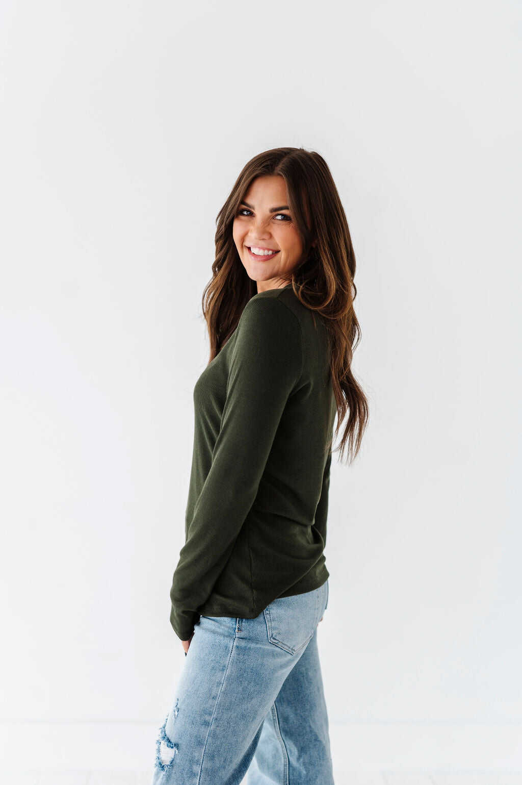 Kori Basic Ribbed Top in Olive - Size Small & X-Large Left
