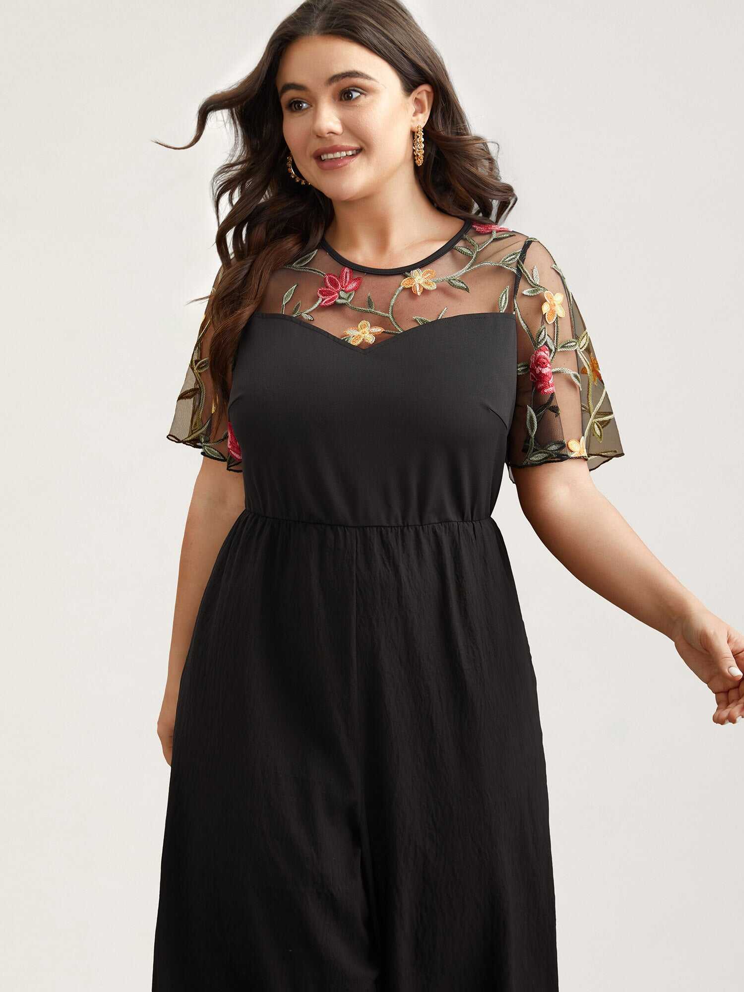 Floral Mesh Embroidered Flared Jumpsuit