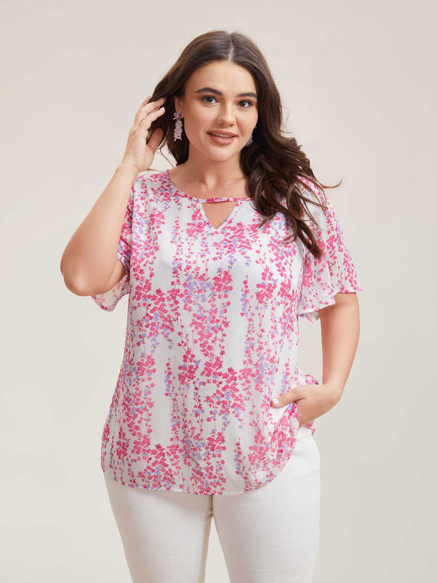 Floral Neck Cut-Out Flutter Sleeve Shirt