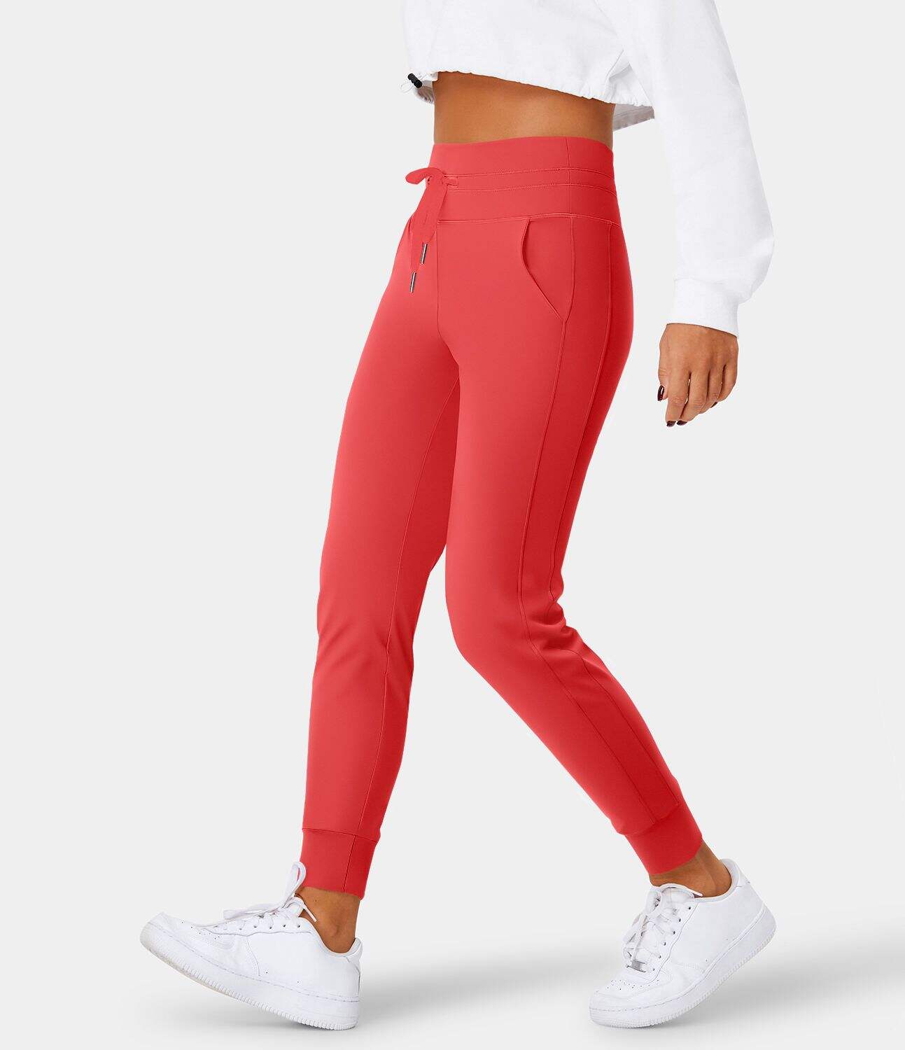 Airy High Waisted Drawstring Side Pocket Plain Cool Touch Full Length Joggers-UPF50+