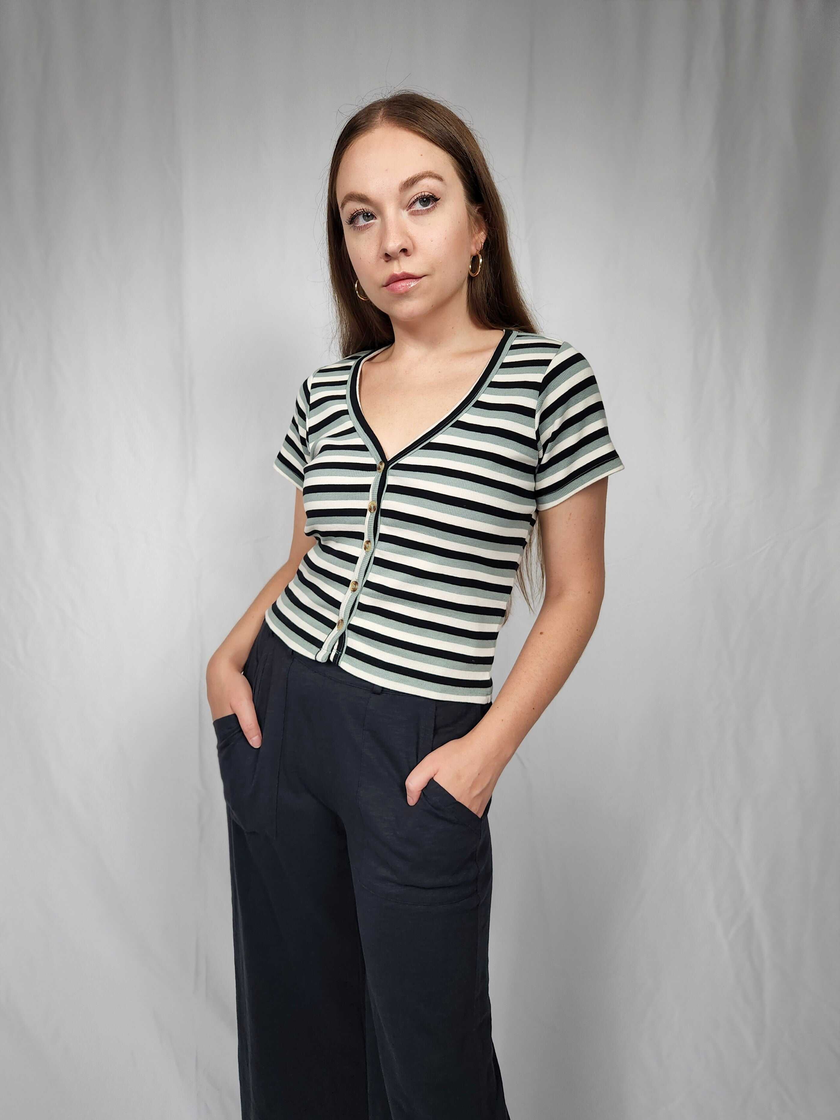 Short Sleeve Button Front Rib Top