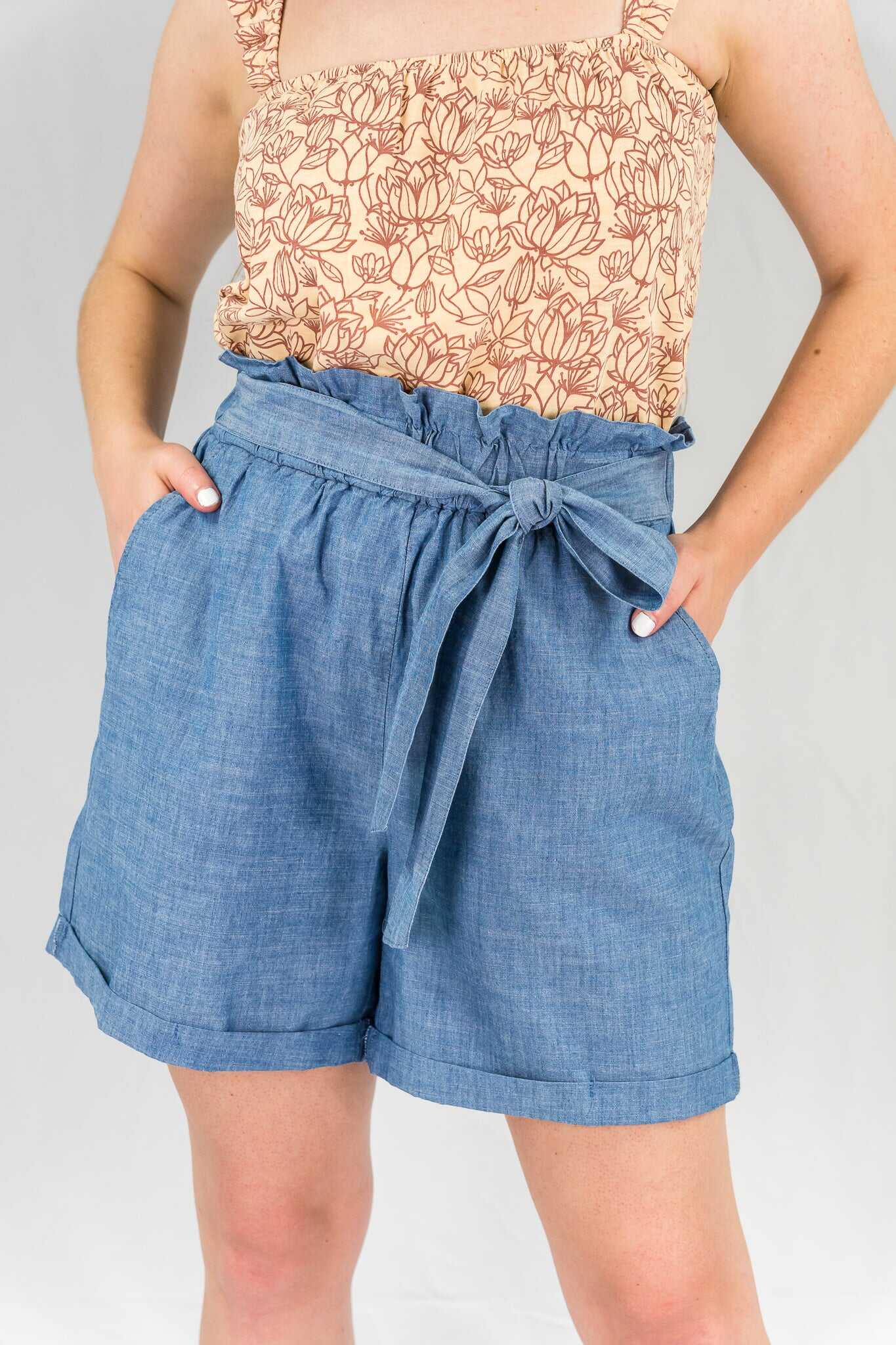 Paperbag Cuffed Chambray Shorts - SALE