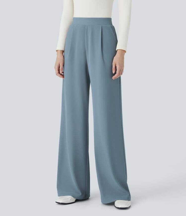 Ha High Waisted Body Sculpt Waist-Slimming Side Pocket Wide Leg Micro Waffle Work Pants