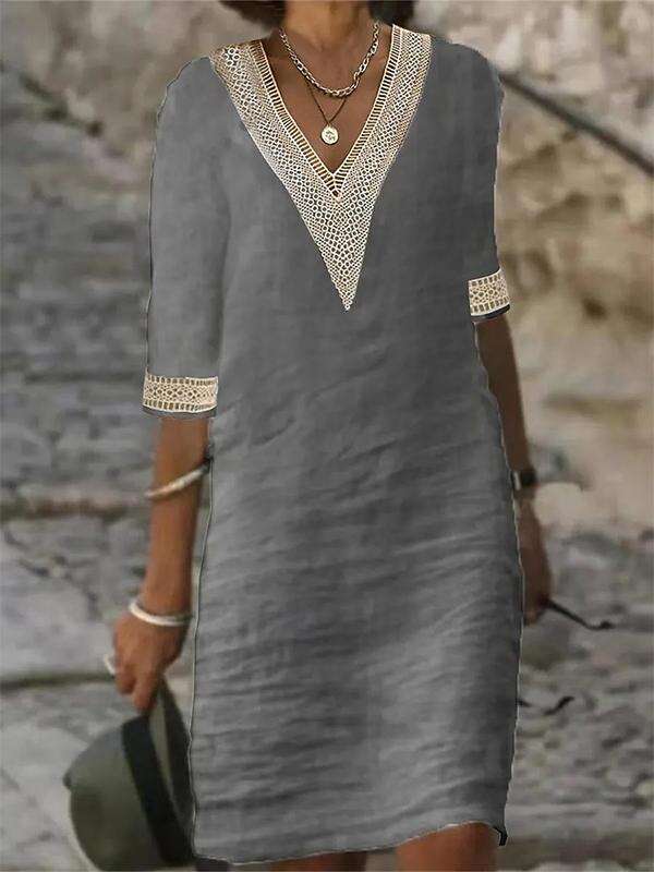 Solid Color V-neck Mid-sleeve Cotton and Linen Casual Dress