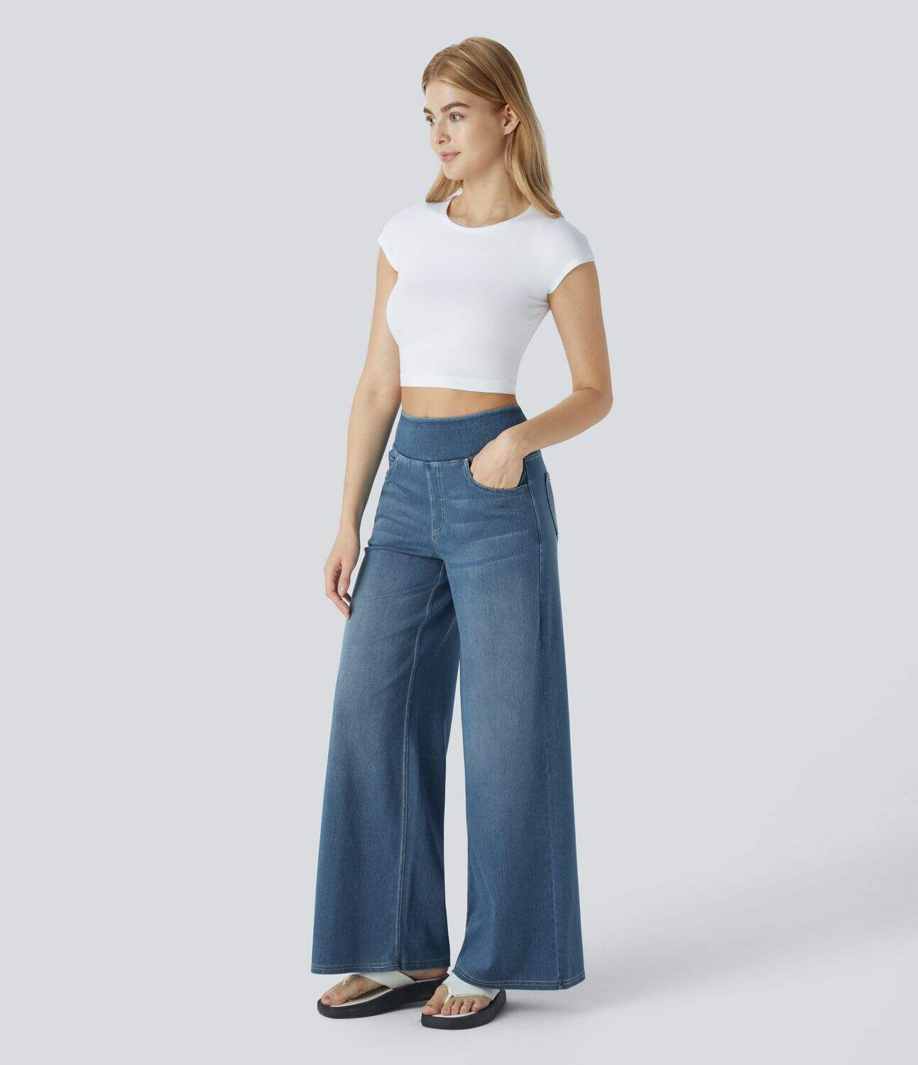 High Waisted Multiple Pockets Wide Leg Washed Stretchy Knit Casual Jeans