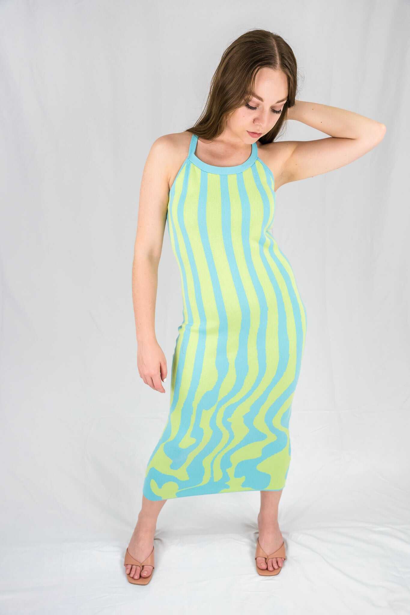 Blue and Green Melting Stripes Knit Midi Dress - SALE