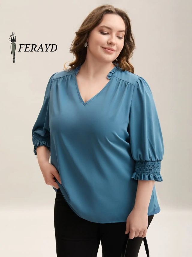 Shirred Sleeve Collared Plain Blouse