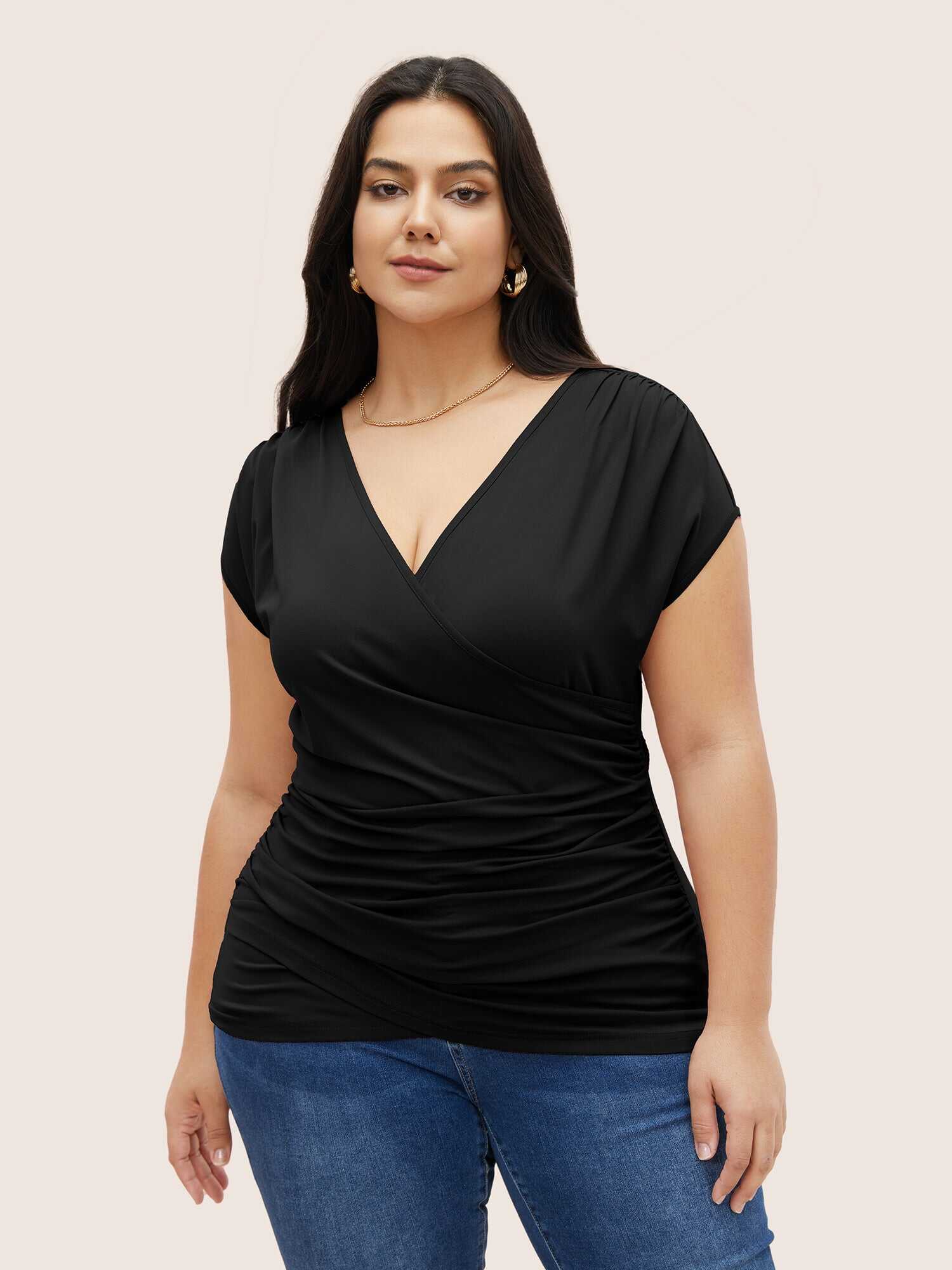 Plain Ruched Overlap Collar Dolman Sleeve Knit Top