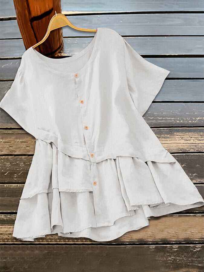 Cotton And Linen Irregular Hem Short-sleeved Casual Top