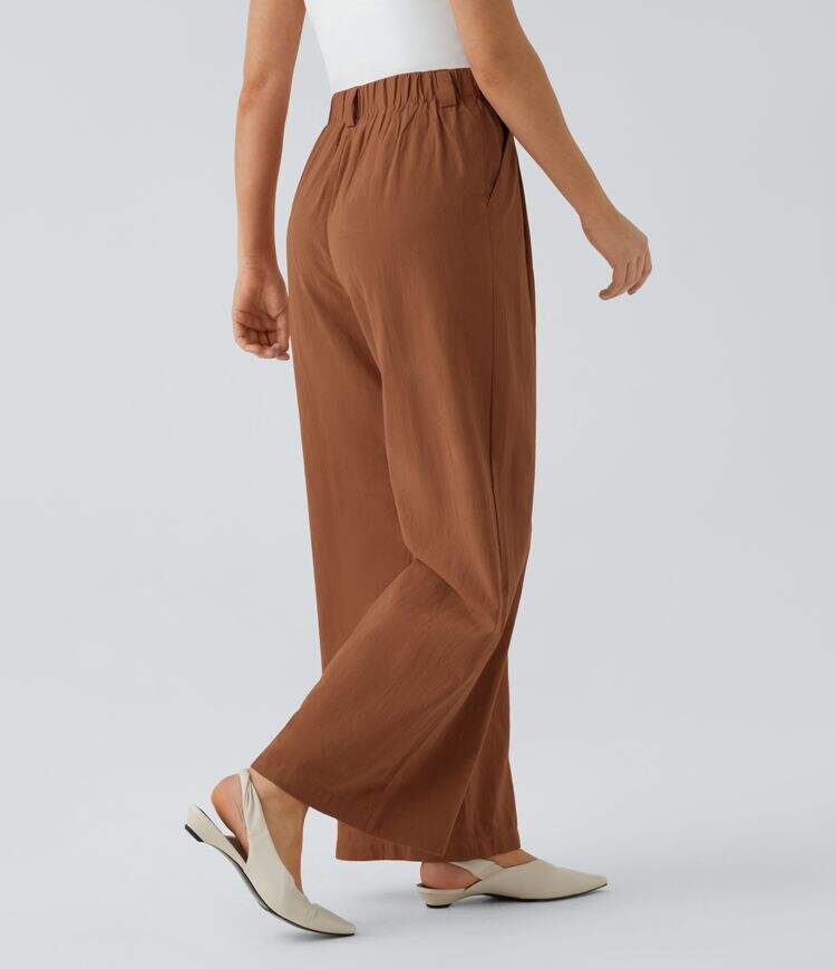 High Waisted Plicated Side Pocket Wide Leg Flowy Solid Palazzo Casual Linen-Feel Pants