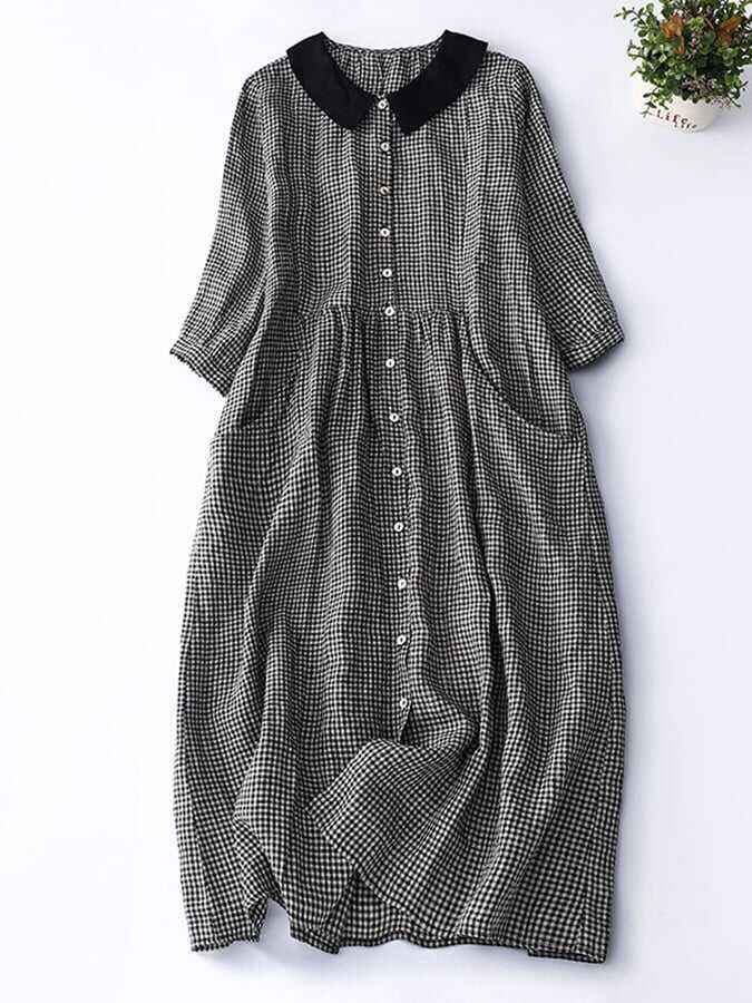 Cotton And Linen Plaid Shirt Collar Dress