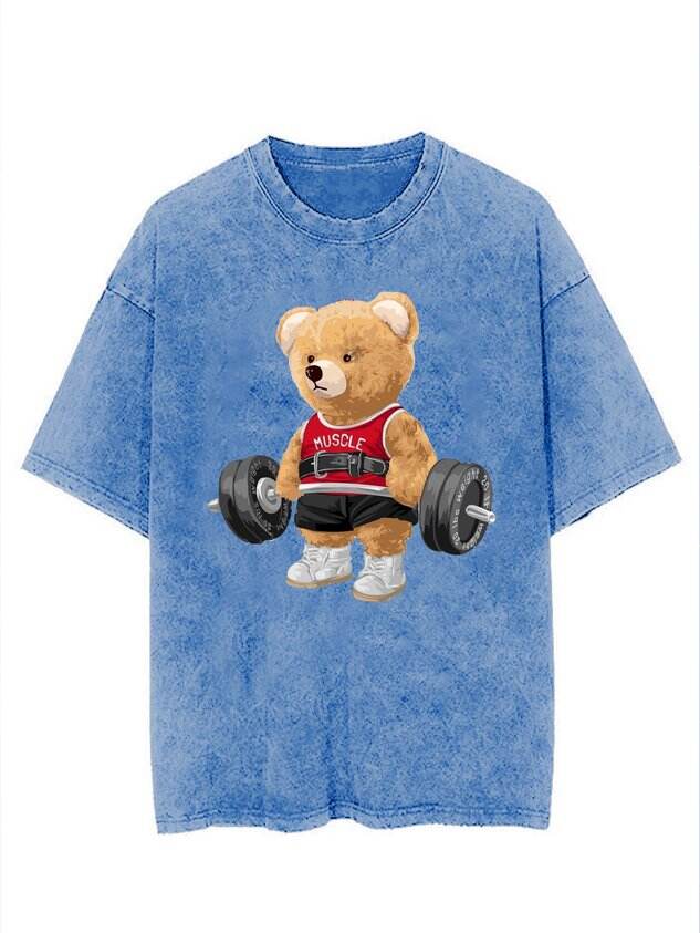 🐻 Fun Cotton Workout Bear Washed Fitness T-Shirt