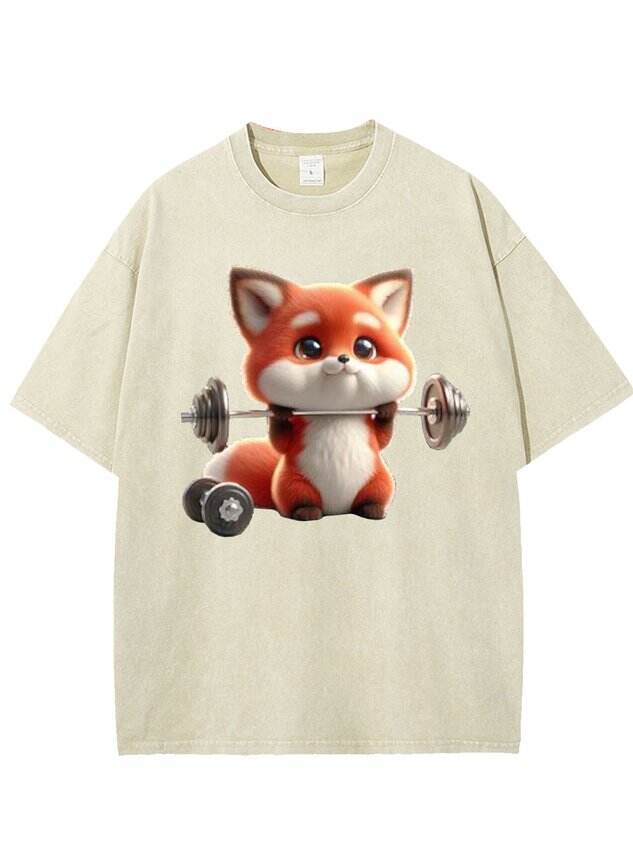 Funny Weightlifting Fox Print Washed Tee 🦊💪