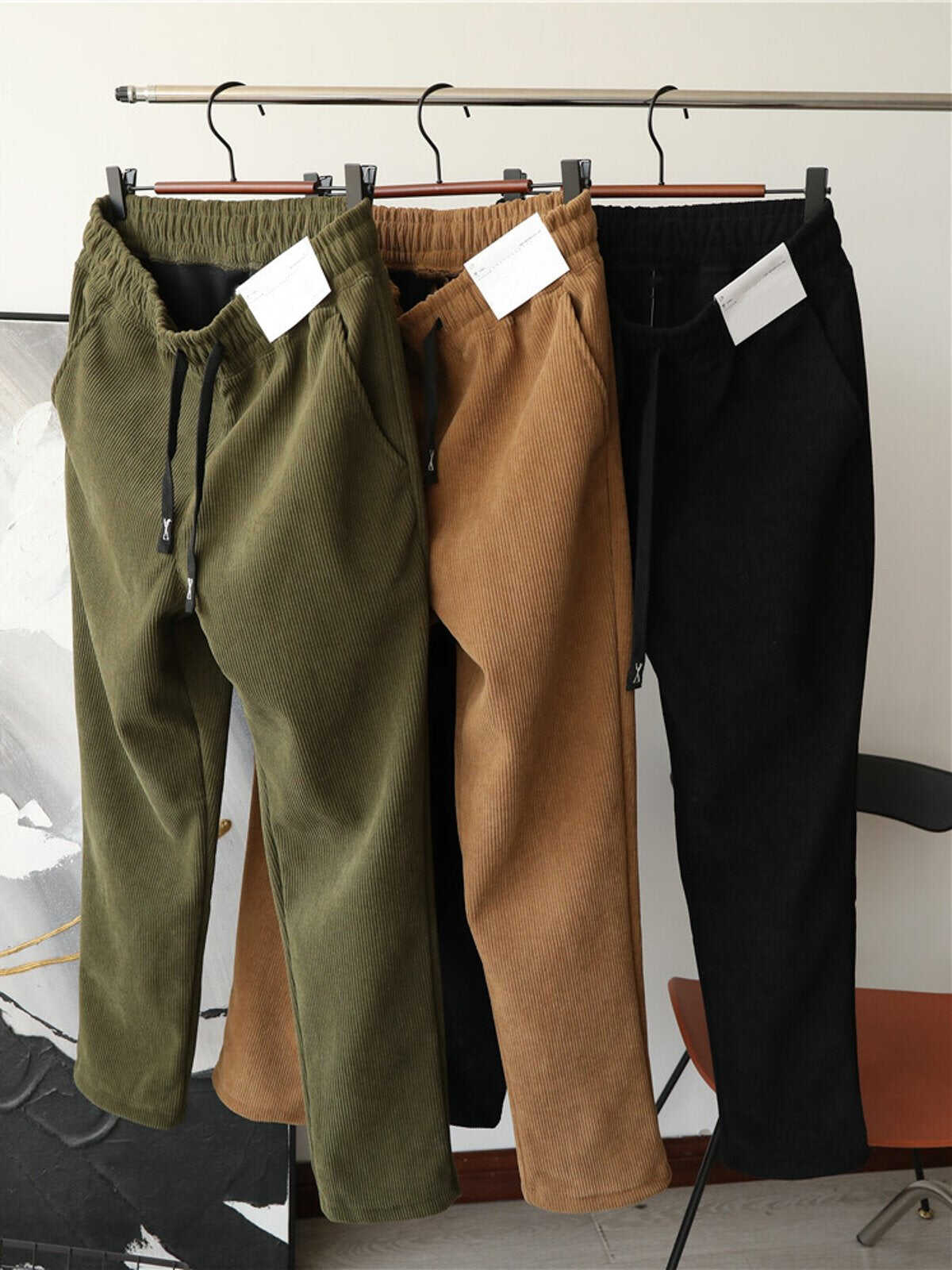 Corduroy Fleece-Lined Elastic Waist Straight Pants