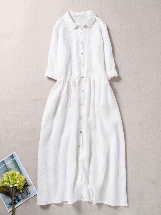 3/4 Sleeves Cotton Linen Loose And Slim Embroidered Dress
