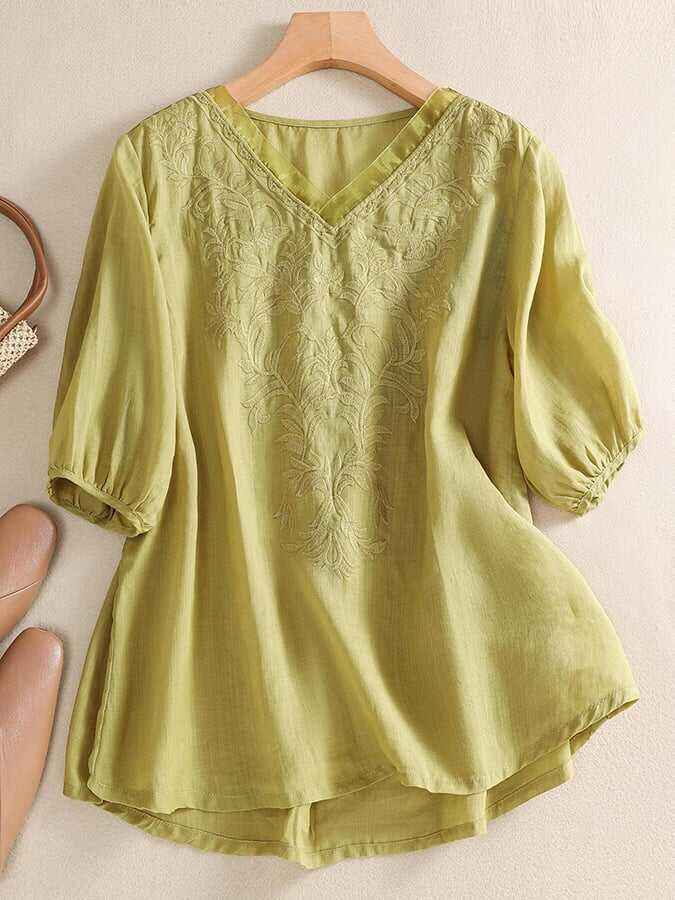 Mesh Embroidery V-Neck Loose Casual Shirt
