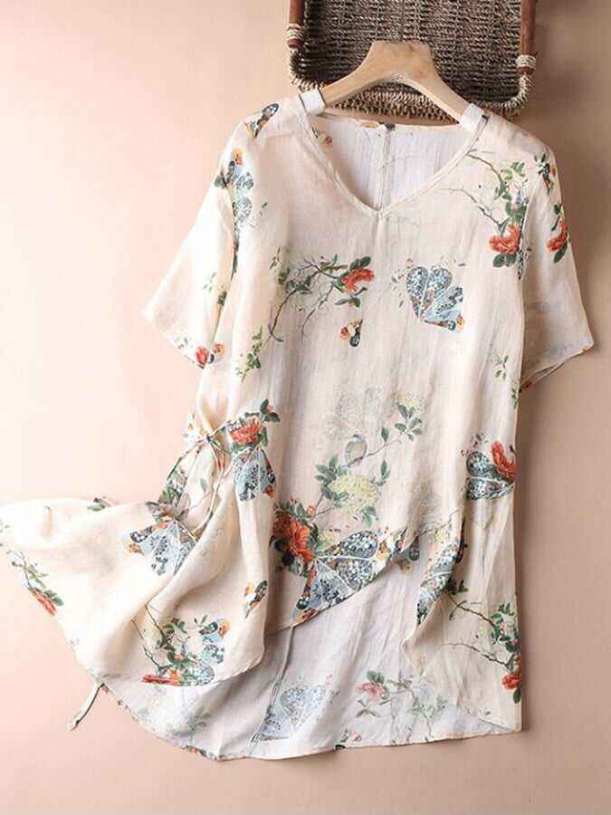 Printed Thin Vintage V-Neck Short Sleeved Shirt