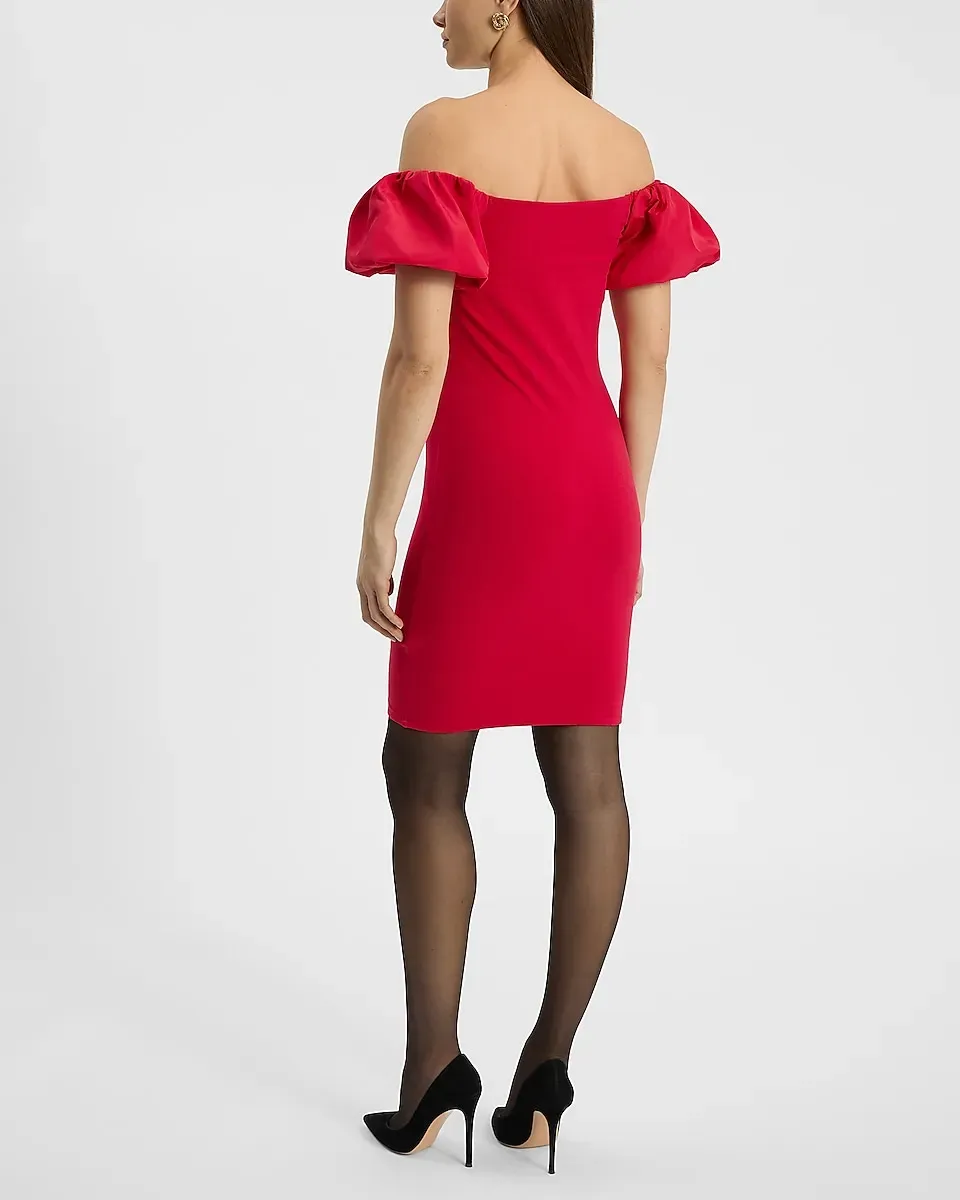 Off The Shoulder Puff Sleeve Sheath Mini Dress