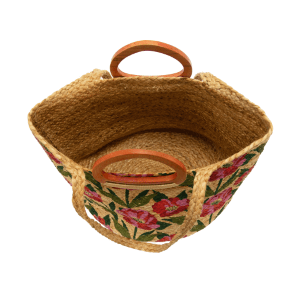 Poppy Painted Nell Wood Handle Jute Tote Bag
