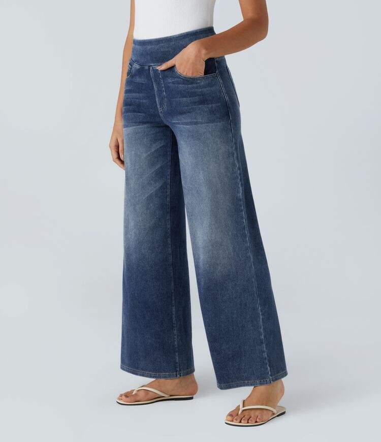 High Waisted Multiple Pockets Wide Leg Washed Stretchy Knit Casual Jeans