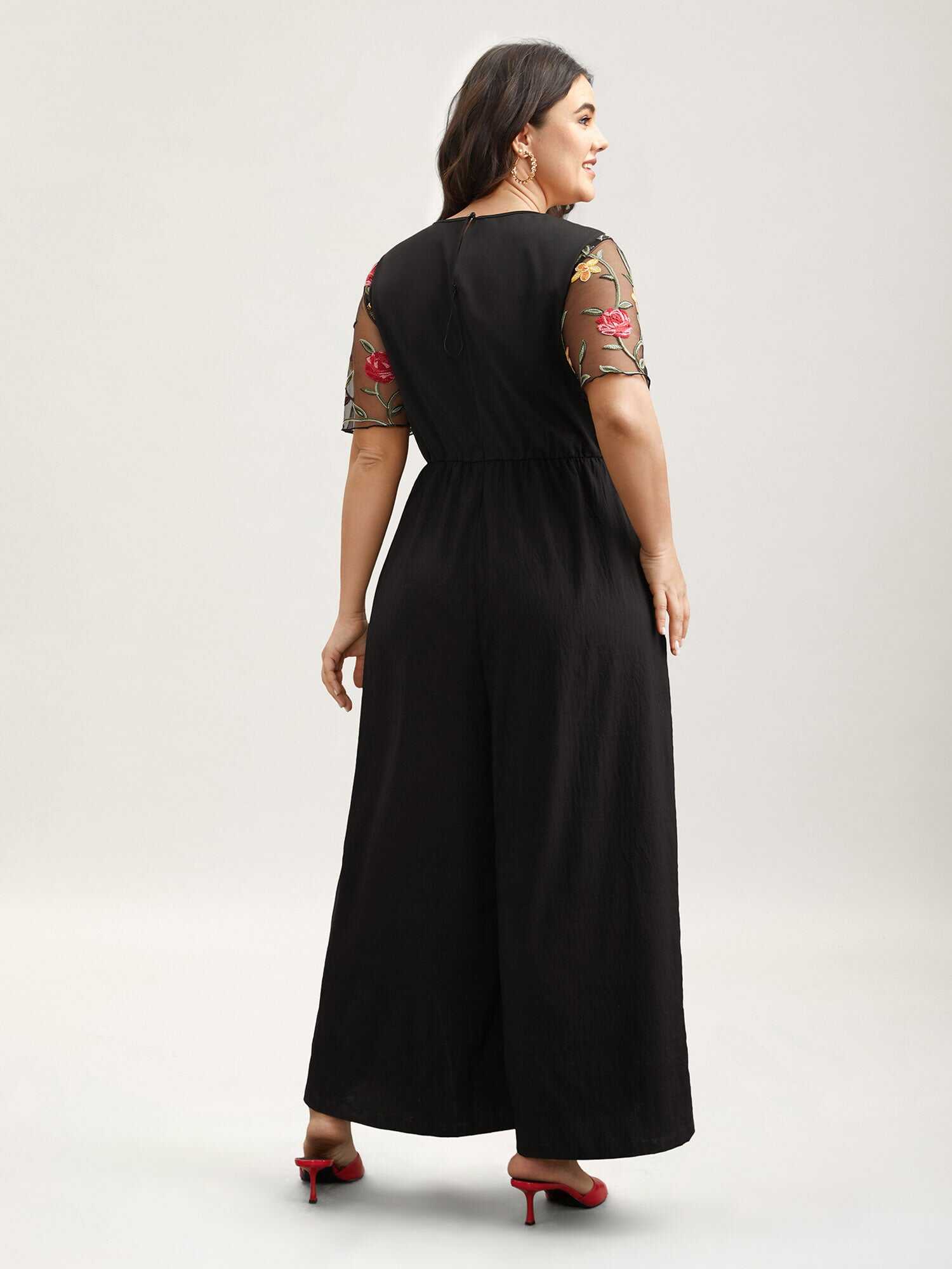Floral Mesh Embroidered Flared Jumpsuit