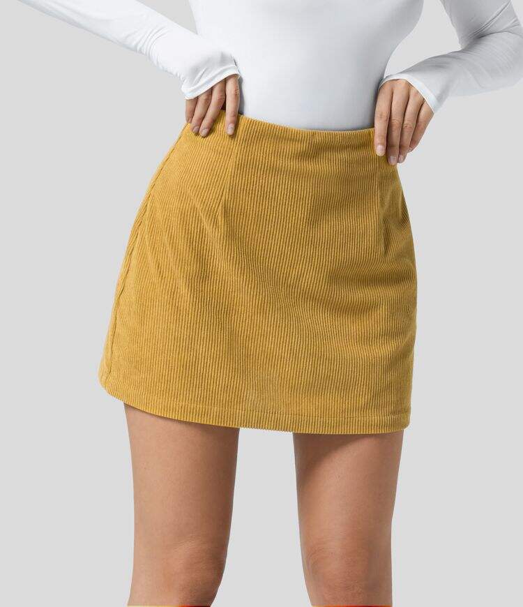High Waisted Invisible Zipper 2-in-1 A Line Mini Corduroy Casual Skirt