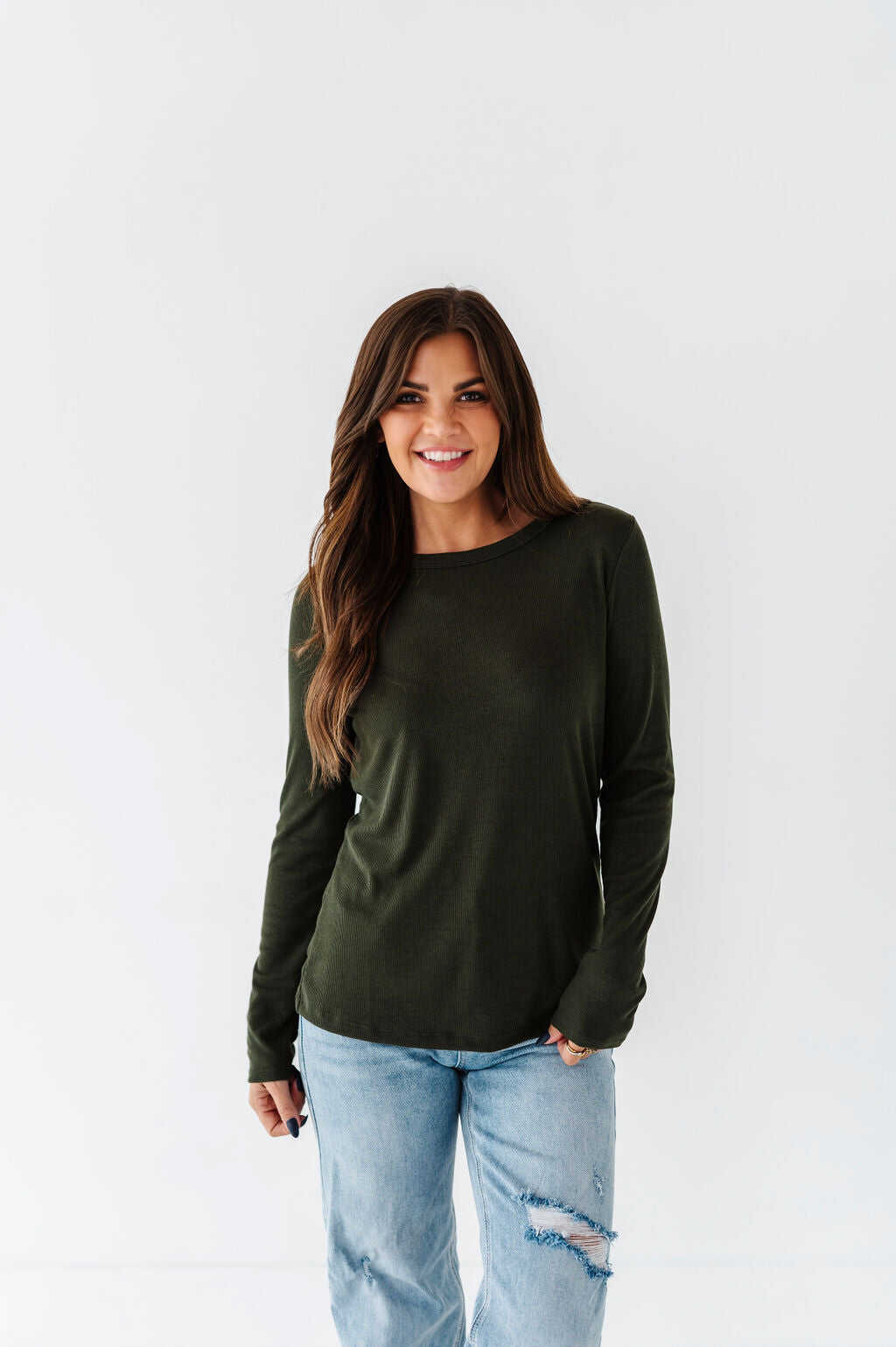 Kori Basic Ribbed Top in Olive - Size Small & X-Large Left