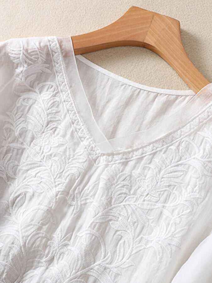 Mesh Embroidery V-Neck Loose Casual Shirt