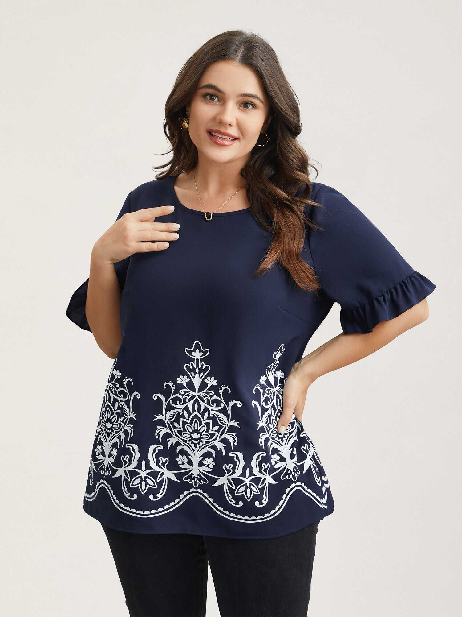 Floral Print Round Neck Ruffled Sleeve Shirt