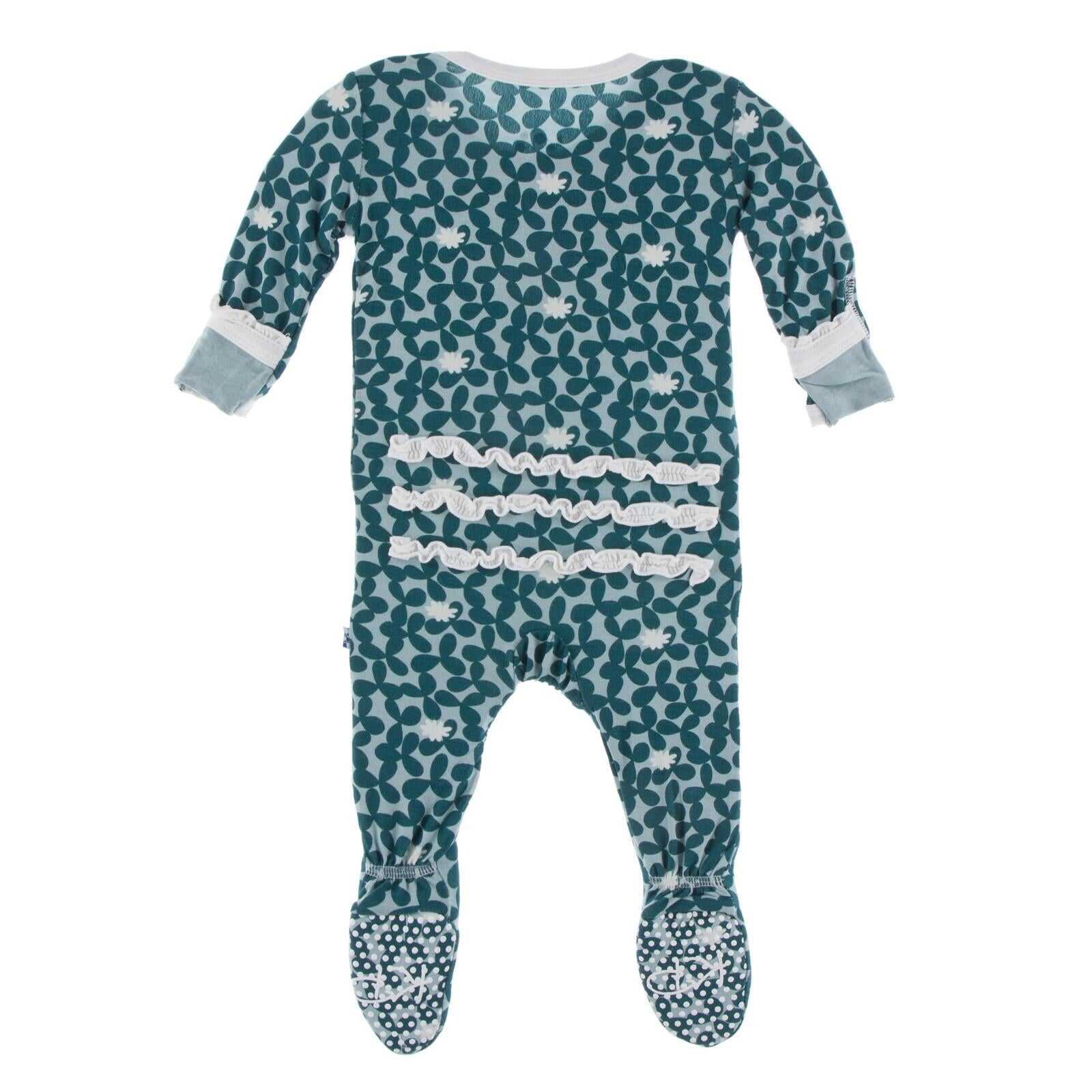 Print Muffin Ruffle Footie with Zipper in Jade Running Buffalo Clover